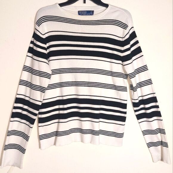 Polo by Ralph Lauren Women's Pima Cotton Crewneck Striped Sweater White M EUC - Picture 5 of 13